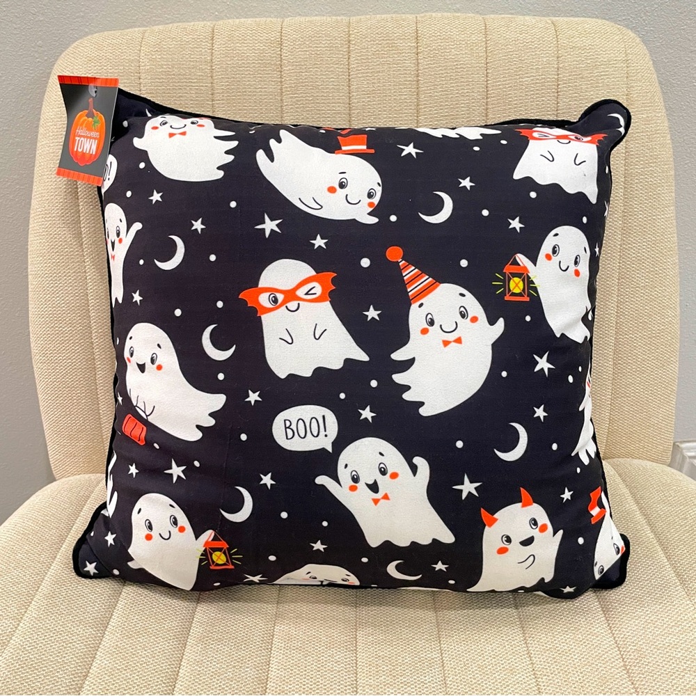 NEW Ghost Print Decorative Throw Pillow Black White Orange 18x18